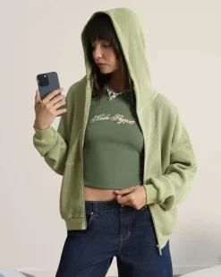 Nude Project Global Soon Waffle Zip-Up Hoodie Green New