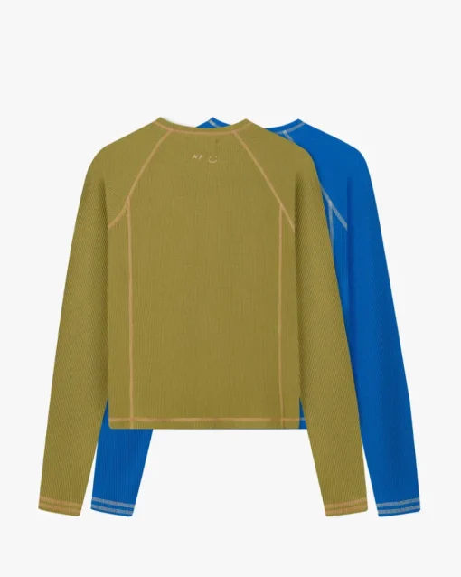 Nude Project Waffle Long-Sleeve Tee 2 Pack Green/Blue New