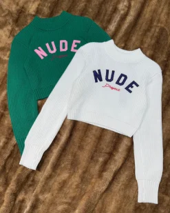 Nude Project Wifey Knit Cropped Sweater Green New